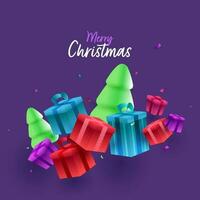 Merry Christmas Font with 3D Snowy Xmas Trees and Gift Boxes on Purple Background. vector