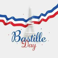 Bastille Day Calligraphy with White Line Art Eiffel Tower and France Wavy Flag Ribbon on Background. vector