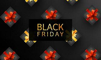 Golden Black Friday Text with Top View of Gift Boxes Decorated Background. vector