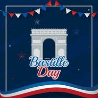 Sticker Style Happy Bastille Day Font with Arc De Triomphe Monument and France Flag Wavy Ribbon on Blue Background. vector