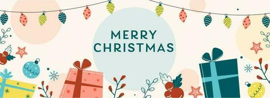 vector ilustración de regalo cajas con acebo bayas, estrellas, adornos y Encendiendo guirnalda decorado antecedentes para alegre Navidad.