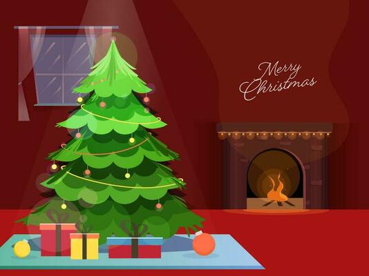 Decorative Xmas Tree With Gift Boxes And Fire Place On Red Background For Merry Christmas Celebration.