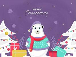 dibujos animados polar oso vistiendo de lana ropa con regalo cajas y decorativo Navidad arboles en púrpura antecedentes para alegre Navidad celebracion. vector