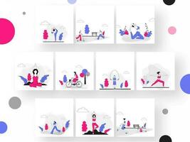 Cartoon Young Girl and Boy doing Exercise in Different Poses. vector