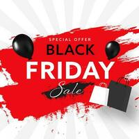 Black Friday Sale Text with Realistic Balloons, Shopping Bags and Red Brush Stroke Effect on White Rays Background. vector