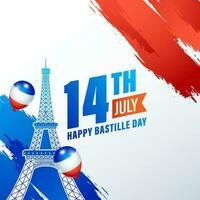 Sticker Style Eiffel Tower with Glossy Balloons, Red and Blue Brush Stroke Effect on White Background for 14th July Happy Bastille Day Concept. vector