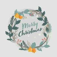 Merry Christmas Font on Decorative Wreath and Grey Background. Can be used as poster design. vector