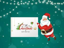 Merry Christmas And Happy New Year Scroll Template With Cartoon Santa Claus Character On Teal Background Decorated Lighting Garland. vector