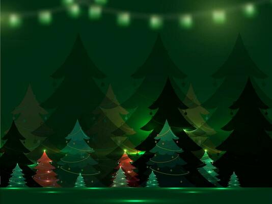 Decorative Xmas Trees With Lights Effect On Green Background.