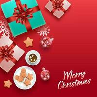 parte superior ver de realista regalo cajas con adornos, pan de jengibre galletas, copos de nieve y cacao taza en rojo antecedentes para alegre Navidad. vector
