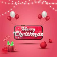 Merry Christmas Text In Smartphone With Glossy Balloons, Gift Boxes And Lighting Garland Decorated Pink Background. vector