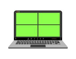 Videocall interface, video call screen icons and UI template for laptop, vector overlay. Video conference or videocall online chat mockup with chromakey for laptop application. Four users