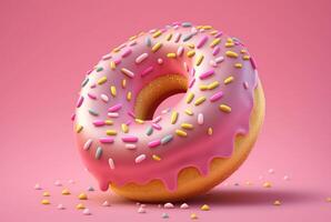 Donuts with pink icing and colorful sprinkles of sugar. On a pink background. photo