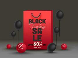 Black Friday Sale Poster Design with Discount Offer, Red Shopping Bag and Balloons on Dark Grey Background. vector