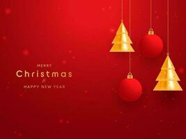 Golden Merry Christmas and Happy New Year Text With 3D Xmas Trees And Baubles Hang On Red Background. vector