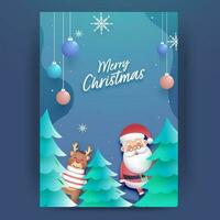 Merry Christmas Greeting Card Or Template Design With Cartoon Santa Claus, Reindeer, Xmas Trees, Snowflake And Hanging Bauble On Gradient Blue Background. vector