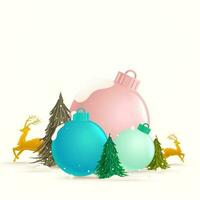 Realistic Glossy Baubles With Xmas Trees, Golden Reindeer And Snowy On White Background. vector