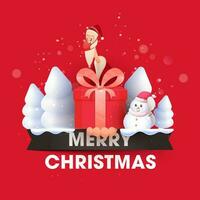 Illustration Of Santa Claus Wearing Safety Mask With Gift Box, Snowman And Snowy Trees On Red Background For Merry Christmas. vector