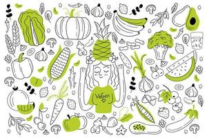Vegan food doodle set. Collection of hand drawn sketches templates of people vegans dieting eating natural vegetarian meal smoothie cocktail cereals vegetables fruits. Healthy lifestyle illustration. vector