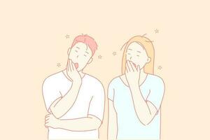Sleepy people, tired friends, yawning couple concept. Husband and wife gaping, covering mouths with palms. Brother and sister oscitating. Boredom and exhaustion gesture. Simple flat vector
