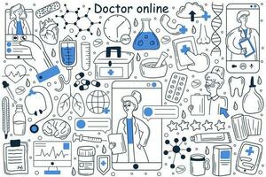 médico en línea garabatear colocar. colección de mano dibujado plantillas patrones de hombre paciente utilizando móvil teléfono para chateando bruja médico en social medios de comunicación o red. digital médico consulta ilustración. vector