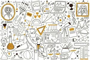 Physics doodle set. Collection of hand drawn templates sketche patterns of man physicist explaining physical laws formulae and holsing equipment tools for tests. Back to school education illustration. vector