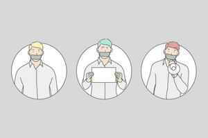 Protest, demonstration, making demands concept. Social action, non verbal communication, silent strike, man with sticked adhesive tape over mouth, boy with paper and loudspeaker. Simple flat vector