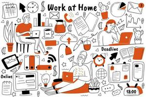 Work at home doodle set. collection of hand drawn sketches templates patterns of people freelancers sitting working at computer remotely from house. Business occupation freelance free lifestyle vector