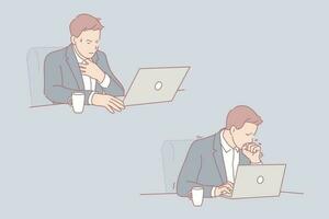 Ill businessman, sick leave at workplace concept. Common cold, influenza, ill young man with computer, sick office worker, male manager suffering from cough and sore throat. Simple flat vector