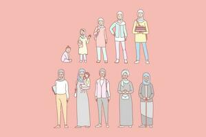 Arab woman life cycle set concept vector