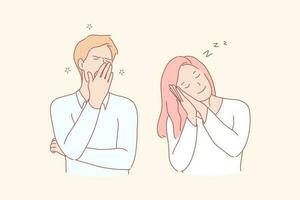 Sleepy young people, dozy man and woman concept. Falling asleep, awakening, yawn and smile, healthy sleep, different facial expressions, rested girl and drowsy boy. Simple flat vector