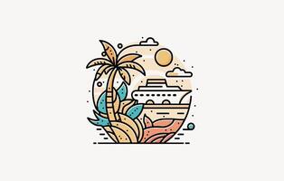 Summer background flat Vector design, Summer sunset beach and a palm tree