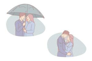 Family walk, romantic date, autumn rendezvous, stroll together concept. Leisure, woman and man in raincoat, people under umbrella, enamored couple walking in rainy weather. Simple flat vector