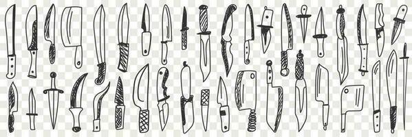 Knives for cutting doodle set. Collection of hand drawn various table and kitchen knife for cooking and cutting isolated on transparent vector