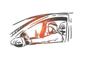 Muslim man driving car, holding smartphone in hand concept sketch. Hand drawn isolated vector