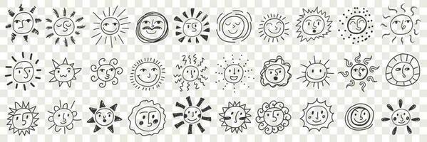 Smiling suns assortment doodle set. Collection of hand drawn various styles of positive happy smiling sun planets for children books isolated on transparent vector