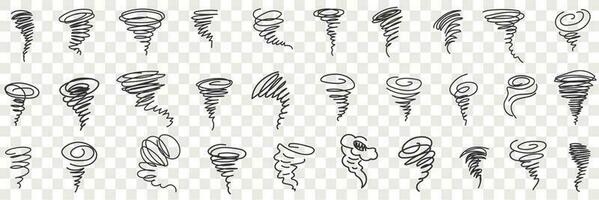 tornado y huracán garabatear colocar. colección de mano dibujado natural desastres huracanes tornado con Ventoso centrar en filas aislado en transparente vector