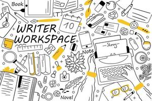 Writer workspace doodle set. Collection of hand drawn sketches templates patterns of writing equipment. Creative occupation and storytelling content book creation illustration vector