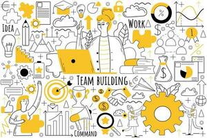 Team building doodle set. Collection of hand drawn sketches templates patterns of businesmen women clerks managers doing teamwork together. Corporate member communication and productive collaboration. vector