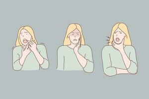 Toothache, tooth disease symptoms concept. Caries, sickness, treatment need, medical assistance necessity, young woman suffering from pain, negative emotions facial expression. Simple flat vector