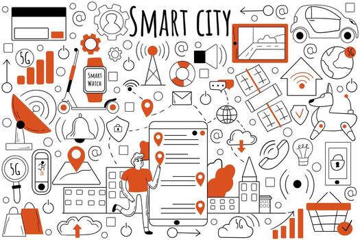 inteligente ciudad garabatear colocar. colección de mano dibujado bocetos plantillas patrones de personas coleccionar datos desde urbano actividad comunicación y iot tecnología. infraestructura tecnológico desarrollo. vector