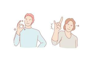 Success, luck, rejoicing, good mood concept. Gladness, happiness, positive emotion expression, smiling young men gesticulating with hands, everything is fine signs. Simple flat vector