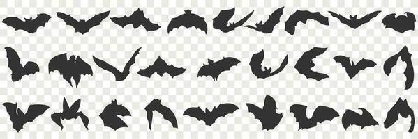 Flying bat with wings doodle set. Collection of hand drawn various black silhouettes of flying bats animals in rows isolated on transparent vector