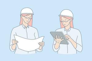 Architect, designer, engineer concept. Female worker, contractor in safety helmet studying building project. Businesswoman, manager with touchpad on construction site. Simple flat vector