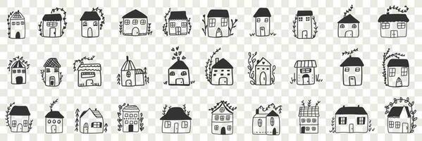 edificios y casas garabatear colocar. colección de mano dibujado varios fachadas de edificio casas para familia alojamiento aislado en transparente vector
