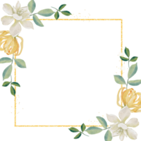 watercolor white gardenia and Thai style flower bouquet gold glitter wreath frame png