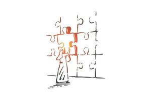 Jigsaw puzzle assembling concept sketch. Hand drawn isolated vector