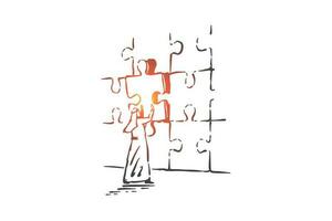 Jigsaw puzzle assembling concept sketch. Hand drawn isolated vector