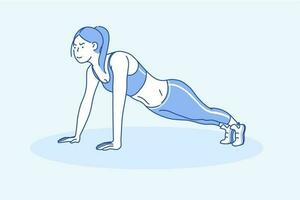 Sport Concept of a Young Beautiful Sport Woman Doing Plank. Strong Athletic girl performs Pushups or Fitness exercises on Yoga home, Gym. healthy lifestyle, be fit and lose weight. Cartoon flat vector