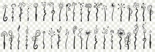 Stems with stars and flames doodle set. Collection of hand drawn various floral stems with stars fires flames on top in rows isolated on transparent vector